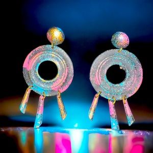 Women's Dangling Earrings - Gold, Turquoise & Pink - Wooden Whimsy